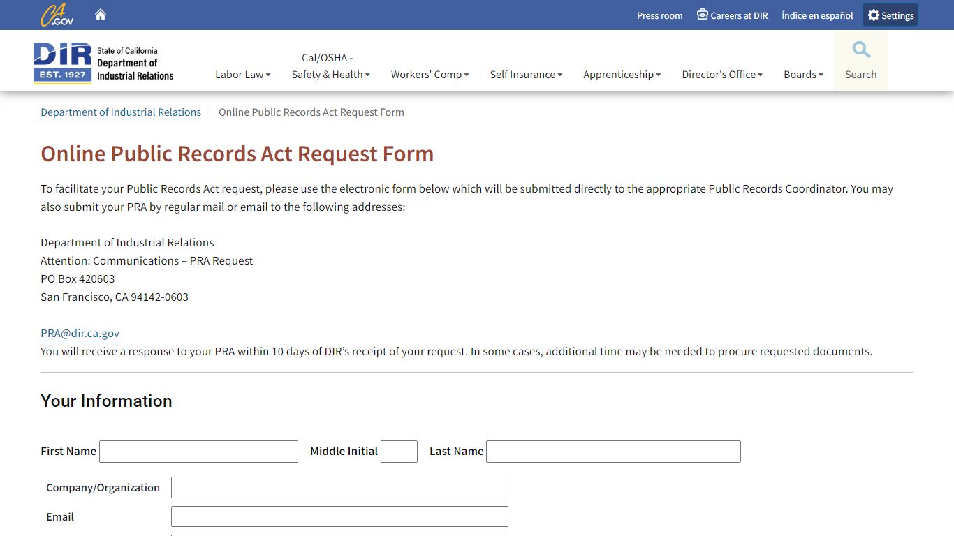 Public Records Act Request form - California Department of Industrial ...