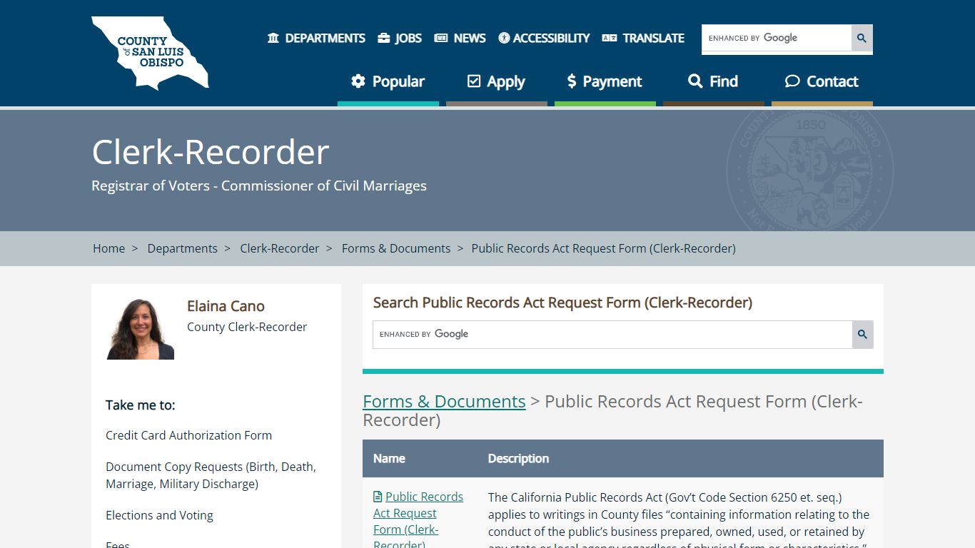 Public Records Act Request Form (Clerk-Recorder) - California